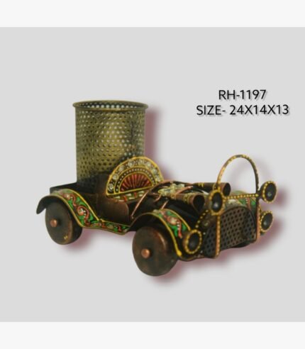 Handcrafted wrought iron vintage classic car pen stand titled Vintage Cruise by Crafts Heritage featuring a rustic bronze body with vibrant green, red, and yellow traditional lacquer detailing and an integrated mesh storage cylinder.