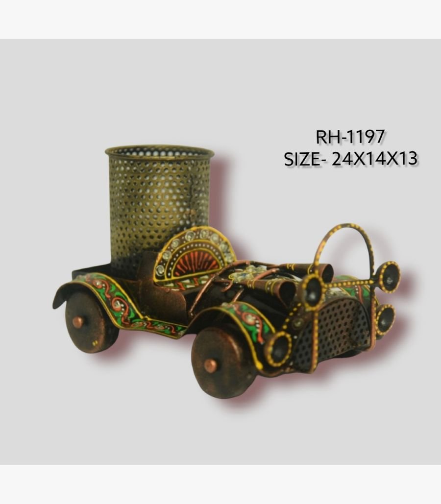 3 Handcrafted wrought iron vintage classic car pen stand titled Vintage Cruise by Crafts Heritage featuring a rustic bronze body with vibrant green, red, and yellow traditional lacquer detailing and an integrated mesh storage cylinder.