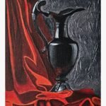 Still life acrylic painting on canvas of a glossy black vintage metallic pitcher standing against a backdrop of flowing crimson red fabric and a textured grey wall.