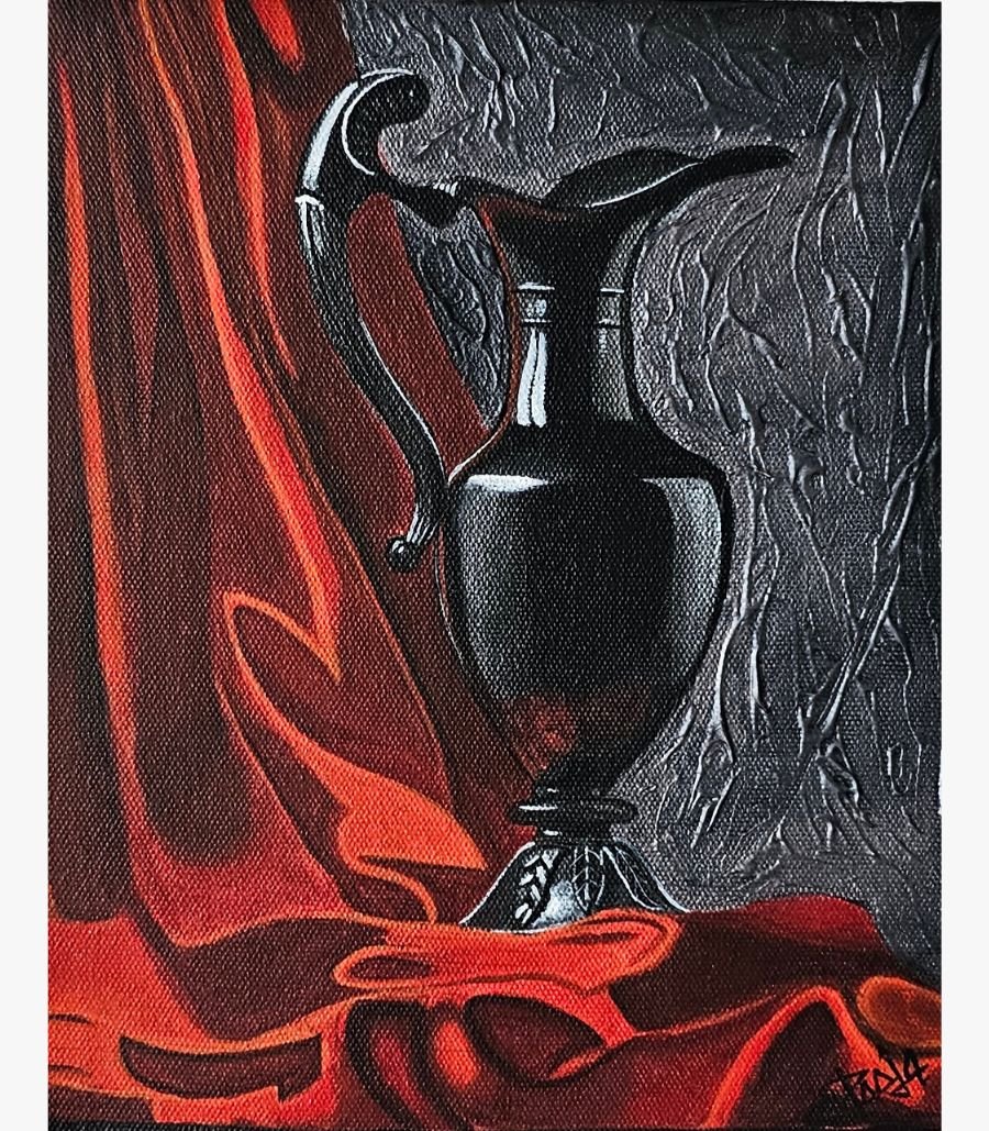 Pooja Dodhiya - Crimson Shadows - Acrylic on Canvas Still life acrylic painting on canvas of a glossy black vintage metallic pitcher standing against a backdrop of flowing crimson red fabric and a textured grey wall.