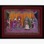 A traditional Madhubani style acrylic painting on canvas depicting a royal Indian wedding jaimala ceremony with the bride and groom exchanging garlands, by Vidhi Joshi.
