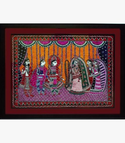 A traditional Madhubani style acrylic painting on canvas depicting a royal Indian wedding jaimala ceremony with the bride and groom exchanging garlands, by Vidhi Joshi.
