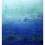 Original abstract landscape painting Azure Horizon by Virendra Kumar, featuring a gradient from mist green to deep cobalt blue in textured acrylic on canvas.