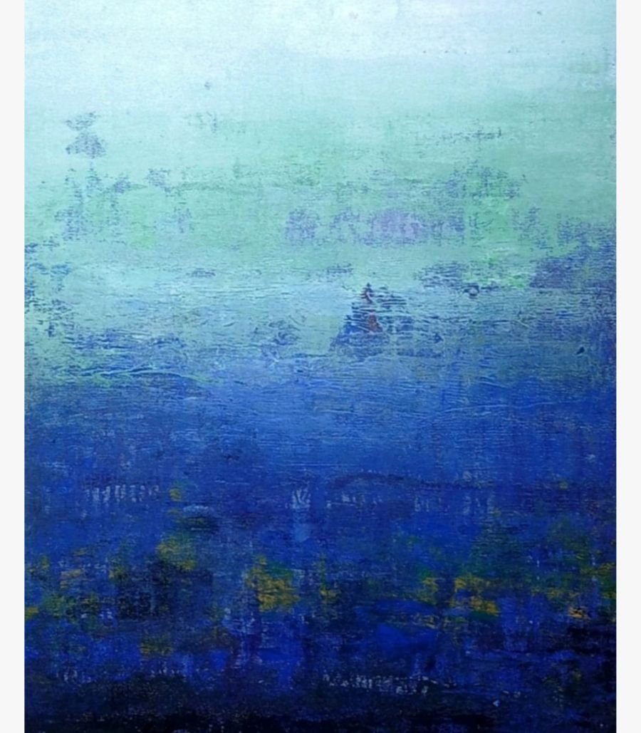 Virendra Kumar - Azure Horizon - Acrylic on Canvas Original abstract landscape painting Azure Horizon by Virendra Kumar, featuring a gradient from mist green to deep cobalt blue in textured acrylic on canvas.