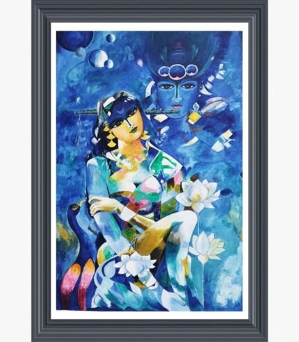 An expressive semi-abstract acrylic painting depicting Radha and Lord Krishna surrounded by lotus flowers and a peacock in deep blue and teal tones, by artist Hitendra Nagani.