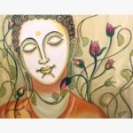 Original traditional Buddha painting Eternal Serenity by Birva Kalsara, featuring a meditative Lord Buddha face with closed eyes surrounded by elegant pink lotus buds and swirling green vines.