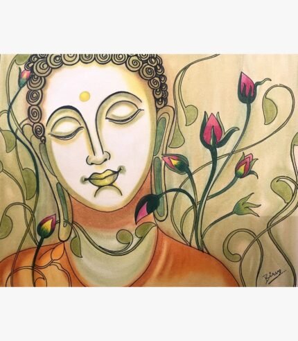 Original traditional Buddha painting Eternal Serenity by Birva Kalsara, featuring a meditative Lord Buddha face with closed eyes surrounded by elegant pink lotus buds and swirling green vines.