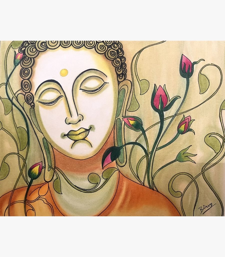 Birva Kalsara - Eternal Serenity - Marker and Colored Pencil Original traditional Buddha painting Eternal Serenity by Birva Kalsara, featuring a meditative Lord Buddha face with closed eyes surrounded by elegant pink lotus buds and swirling green vines.