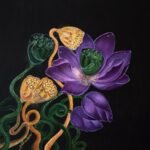 Spring of life acrylic painting by Neha Jain featuring a vibrant purple lotus flower, green lotus pods, and golden textured stems on a black background.