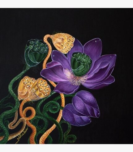 Spring of life acrylic painting by Neha Jain featuring a vibrant purple lotus flower, green lotus pods, and golden textured stems on a black background.