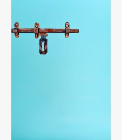 Timeworn Reflections realistic acrylic painting by Harshita Siddhpura showcasing an intricate rusty metal door latch mechanism against a vibrant solid cyan blue background.