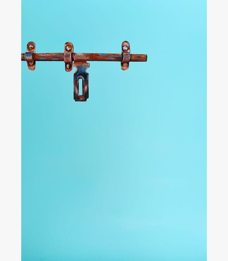 Harshita Siddhpura - Timeworn Reflections - Acrylic on Paper Timeworn Reflections realistic acrylic painting by Harshita Siddhpura showcasing an intricate rusty metal door latch mechanism against a vibrant solid cyan blue background.