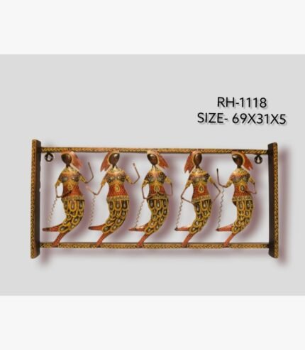 Handcrafted tribal women dancers metal wall art panel featuring five stylized dancing figures with traditional patterns in an iron frame.