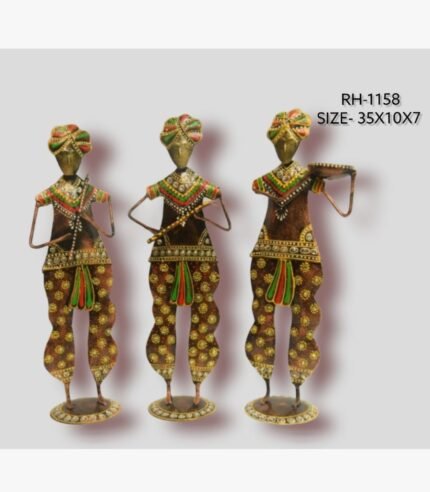 Handcrafted three-piece standing Rajasthani folk musicians iron statue set featuring hand-painted traditional attire and musical instruments on circular base plinths.