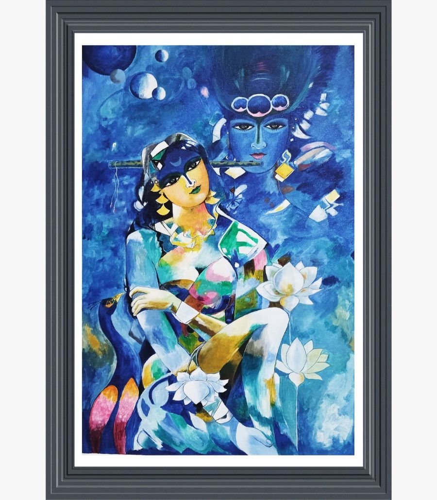 Hitendra Nagani - Eternal Resonance of Radha Krishna An expressive semi-abstract acrylic painting depicting Radha and Lord Krishna surrounded by lotus flowers and a peacock in deep blue and teal tones, by artist Hitendra Nagani.
