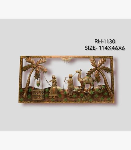 Handcrafted Rajasthani village well and camel caravan metal wall art panel featuring traditional figures drawing water, a decorated camel, and palm trees within an embossed copper frame.