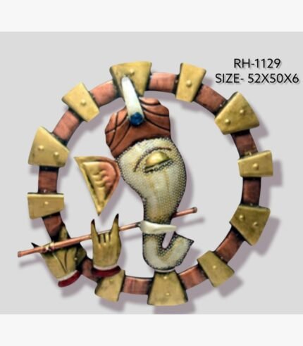 Handcrafted divine Lord Ganesha metal wall art sculpture featuring a textured white metal Ganpati face holding Lord Krishna flute inside a circular copper and gold gear frame.