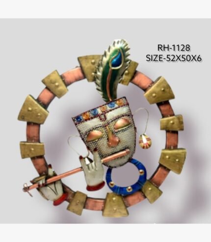 Handcrafted divine Shrinathji Krishna metal wall art sculpture featuring a textured white face, colorful crown, peacock feather, and flute inside a circular copper and gold frame.