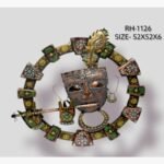 Handcrafted circular Shrinathji Krishna metal wall art sculpture featuring a textured metallic face, ornate peacock feather, and hands playing a flute within a hand-painted floral ring.