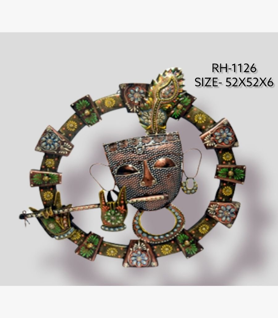 36 Handcrafted circular Shrinathji Krishna metal wall art sculpture featuring a textured metallic face, ornate peacock feather, and hands playing a flute within a hand-painted floral ring.