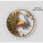 Handcrafted circular dancing peacock metal wall art panel featuring a multi-color textured iron bird with a fanned tail plumages and wavy external metal rays.