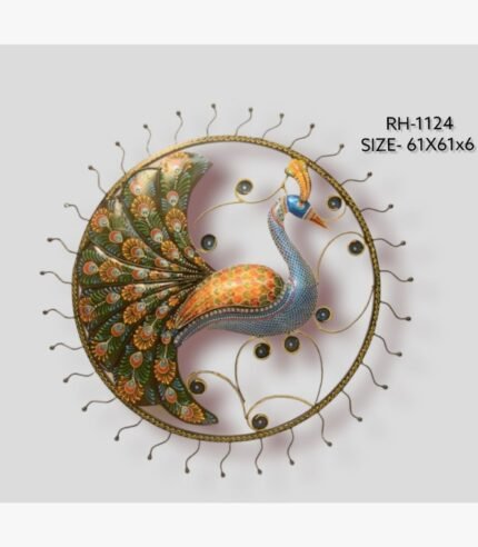 Handcrafted circular dancing peacock metal wall art panel featuring a multi-color textured iron bird with a fanned tail plumages and wavy external metal rays.