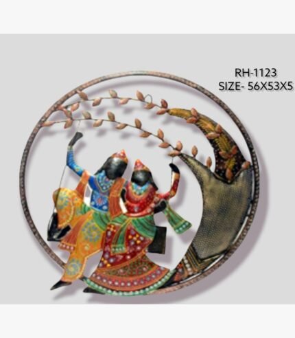 Handcrafted circular Radha Krishna on a swing metal wall art panel featuring a multi-color textured iron divine couple beneath a stylized overhanging tree.