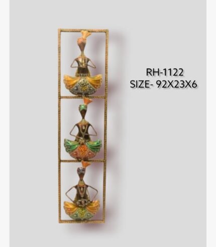 Handcrafted 3-tier vertical Rajasthani musicians metal wall art panel featuring three textured iron tribal folk players with traditional instruments in a stacked frame.