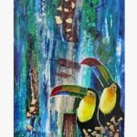 An abstract tropical palette knife acrylic painting on canvas featuring two toucans with bright yellow chests and green beaks against a textured blue and green background with gold leaf accents.