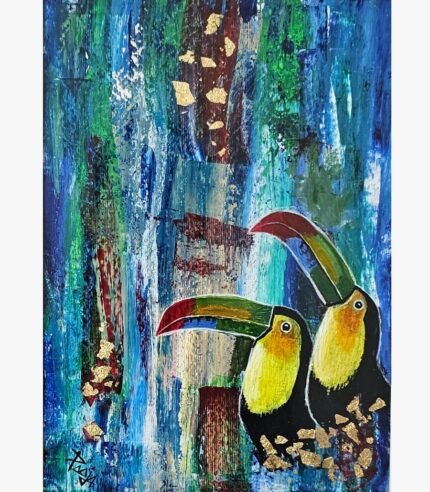 An abstract tropical palette knife acrylic painting on canvas featuring two toucans with bright yellow chests and green beaks against a textured blue and green background with gold leaf accents.