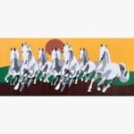Handcrafted 3D layered wooden wall art titled Seven Galloping Horses featuring a powerful relief sculpture of seven white running stallions against a vibrant orange and yellow sunrise sky.