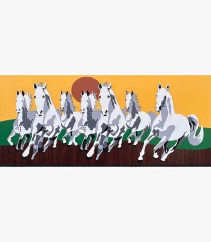 Handcrafted 3D layered wooden wall art titled Seven Galloping Horses featuring a powerful relief sculpture of seven white running stallions against a vibrant orange and yellow sunrise sky.