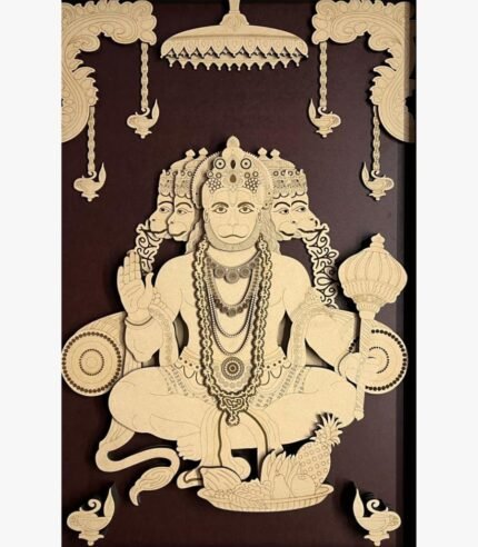 Handcrafted vertical 3D layered wooden wall panel titled Panchamukhi Hanuman featuring the five-faced deity with an ornate mace and hanging lamps against a deep chocolate brown background.
