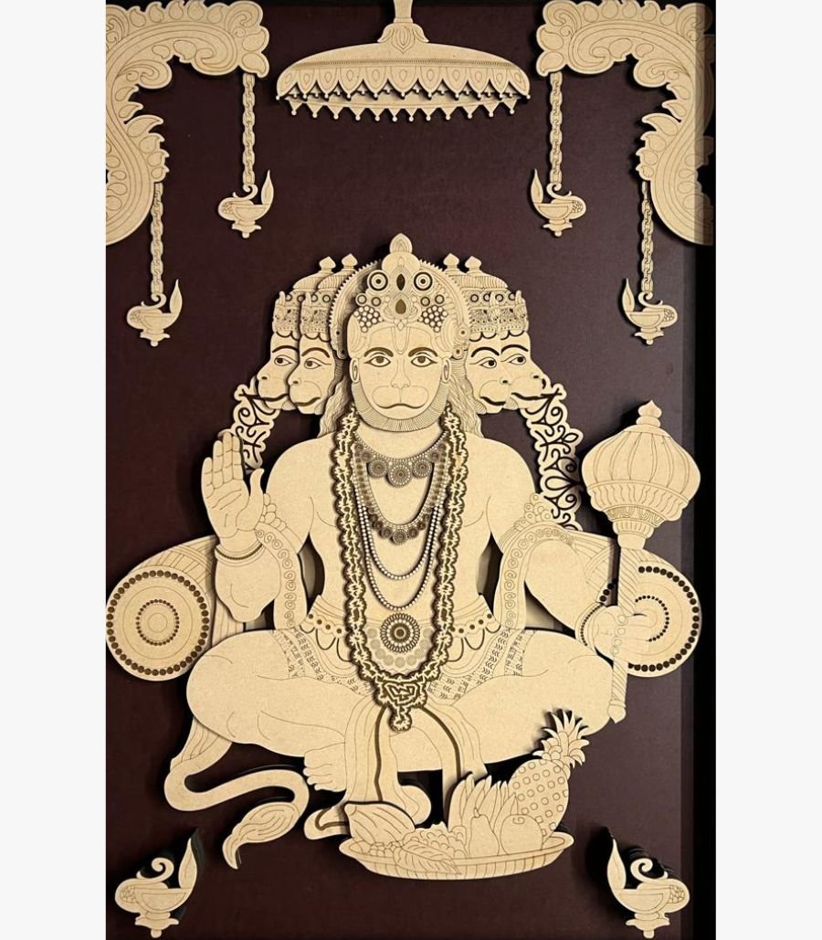 4 Handcrafted vertical 3D layered wooden wall panel titled Panchamukhi Hanuman featuring the five-faced deity with an ornate mace and hanging lamps against a deep chocolate brown background.