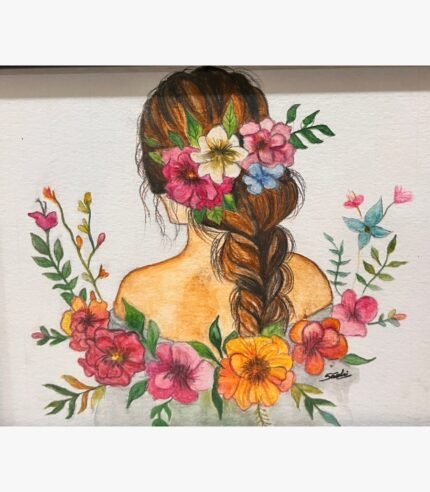 Original watercolor and pencil illustration titled Floral Harmony by Sachi Patel showing the back view of a woman with braided brown hair adorned with vibrant pink, white, and orange flowers.