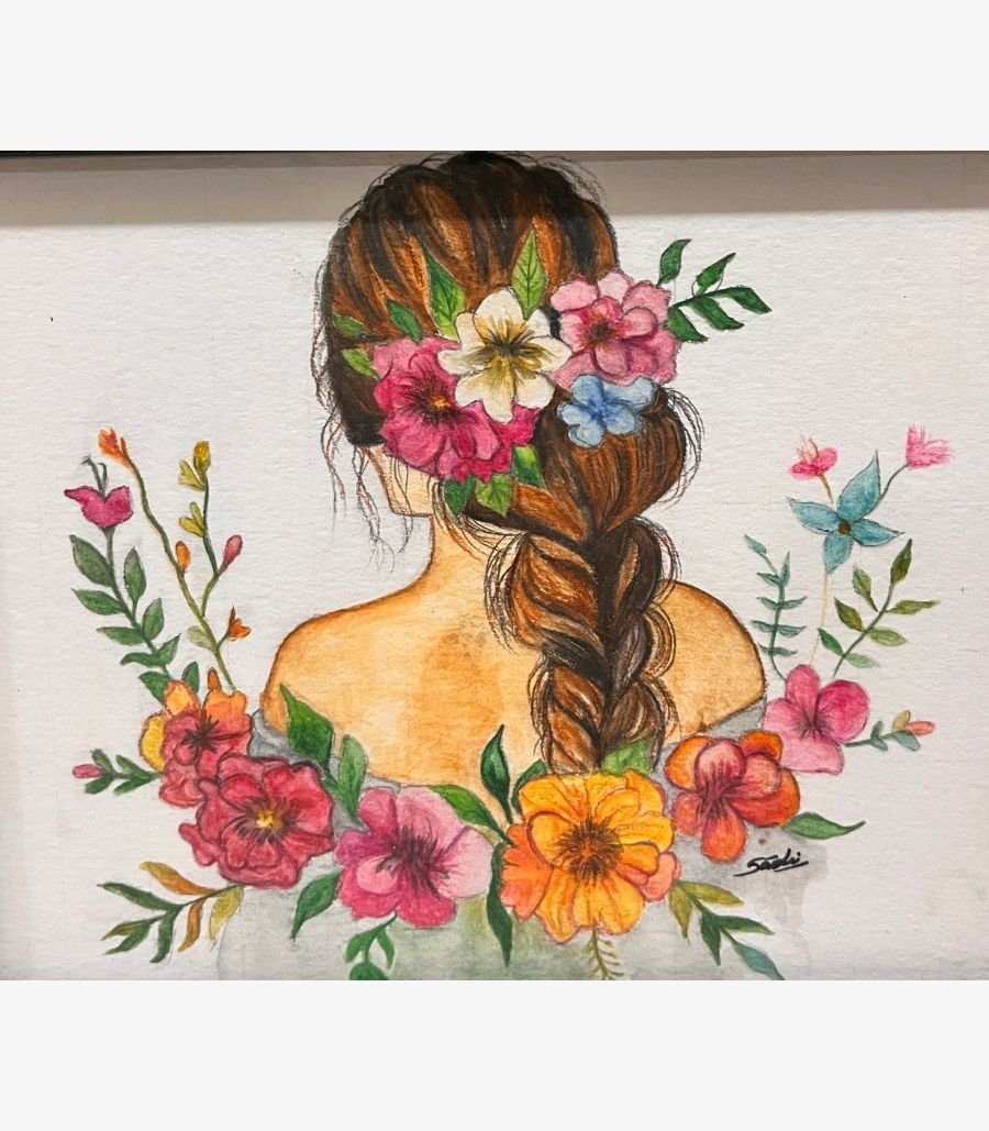 4 Original watercolor and pencil illustration titled Floral Harmony by Sachi Patel showing the back view of a woman with braided brown hair adorned with vibrant pink, white, and orange flowers.