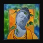 A serene mixed media painting of Lord Buddha with closed eyes, surrounded by falling green Bodhi leaves against a vibrant yellow and blue background, by artist Hitendra Nagani.
