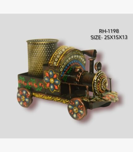 Handcrafted wrought iron vintage steam engine train pen stand titled Majestic Locomotive by Crafts Heritage featuring a textured dark bronze finish with vibrant hand-painted floral patterns and an integrated mesh storage basket.