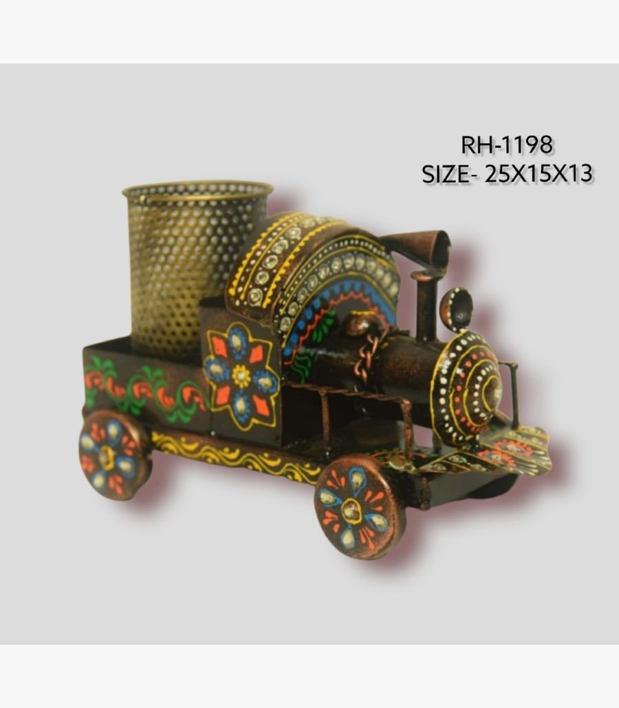 4 Handcrafted wrought iron vintage steam engine train pen stand titled Majestic Locomotive by Crafts Heritage featuring a textured dark bronze finish with vibrant hand-painted floral patterns and an integrated mesh storage basket.
