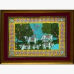 A traditional Madhubani style acrylic painting on canvas of white sacred cows and calves grazing under trees against a blue sky by Vidhi Joshi.