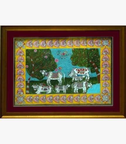 A traditional Madhubani style acrylic painting on canvas of white sacred cows and calves grazing under trees against a blue sky by Vidhi Joshi.