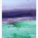 Original abstract landscape painting Violet Shore by Virendra Kumar, featuring fluid washes of deep purple, violet, and bright mint green in acrylic on canvas.