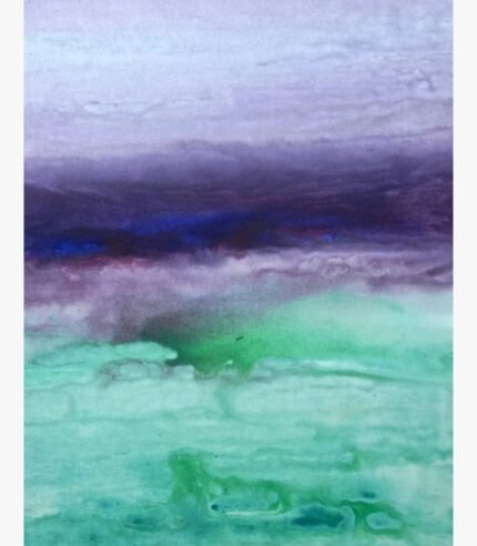 Original abstract landscape painting Violet Shore by Virendra Kumar, featuring fluid washes of deep purple, violet, and bright mint green in acrylic on canvas.