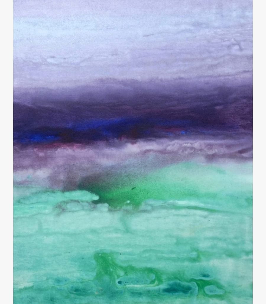 Virendra Kumar - Violet Shore - Acrylic on Canvas Original abstract landscape painting Violet Shore by Virendra Kumar, featuring fluid washes of deep purple, violet, and bright mint green in acrylic on canvas.
