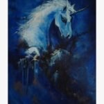 Original mythical unicorn painting Mystic Midnight by Birva Kalsara, featuring a luminous white unicorn profile emerging from textured dark cobalt and navy blue shadows.