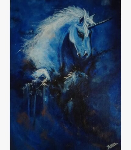 Original mythical unicorn painting Mystic Midnight by Birva Kalsara, featuring a luminous white unicorn profile emerging from textured dark cobalt and navy blue shadows.