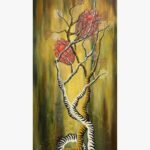 Guardian of the forest acrylic painting by Neha Jain featuring a stylized tree with tiger stripe patterns, vibrant coral pink crown flowers, and subtle deer outlines in the background.