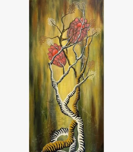 Guardian of the forest acrylic painting by Neha Jain featuring a stylized tree with tiger stripe patterns, vibrant coral pink crown flowers, and subtle deer outlines in the background.