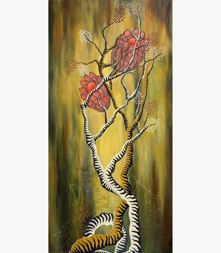 Neha Jain - Guardian of the forest - Acrylic on Canvas Guardian of the forest acrylic painting by Neha Jain featuring a stylized tree with tiger stripe patterns, vibrant coral pink crown flowers, and subtle deer outlines in the background.