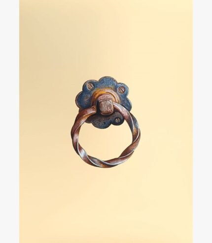 Timeworn Reflections realistic acrylic painting by Harshita Siddhpura featuring an intricate antique rusted metal door knocker ring against a smooth cream color background.